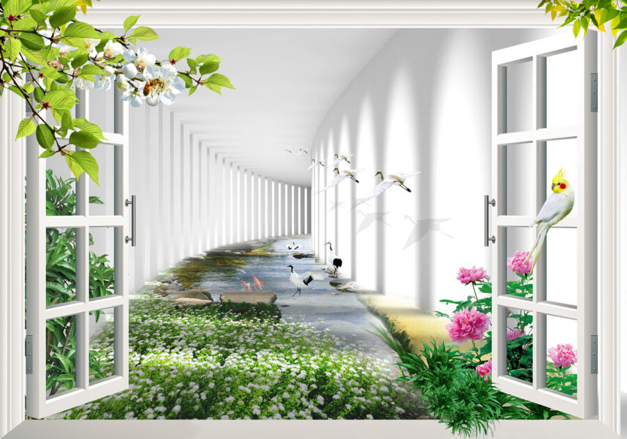 Window with a view of a pond and flowers