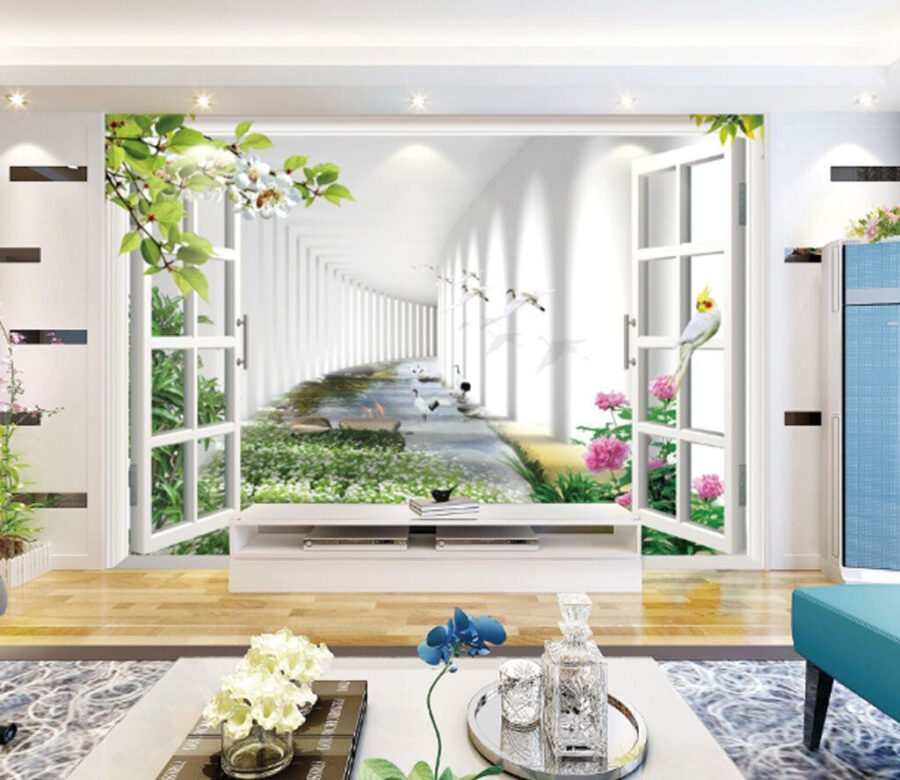Window with a view of a pond and flowers