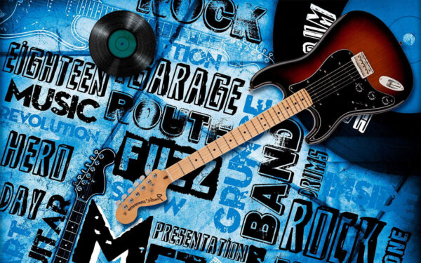 Guitar and record on a blue background Guitar and record on a blue background