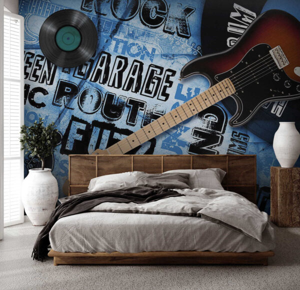 Guitar and record on a blue background Guitar and record on a blue background