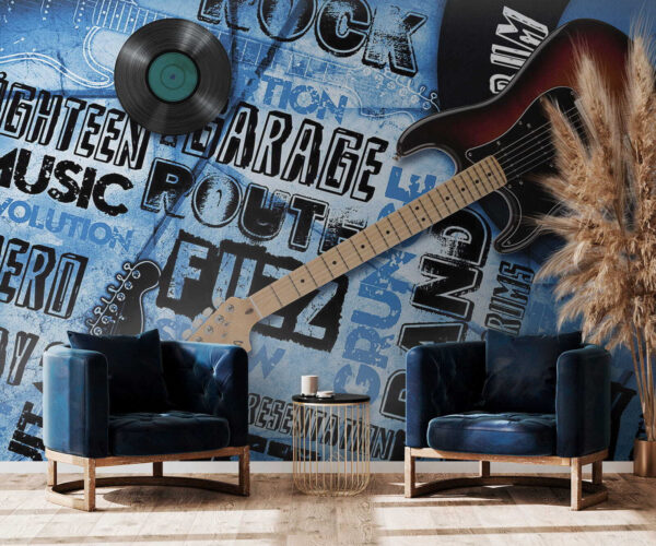 Guitar and record on a blue background Guitar and record on a blue background