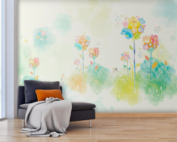 Wall murals Wall murals Watercolor painting of flowers and rabbits (SKU: u06835)