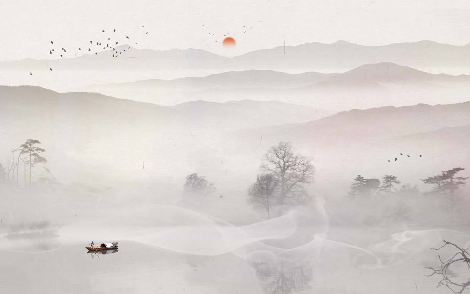 u07128p - Boat on a lake with fog and trees - tegory