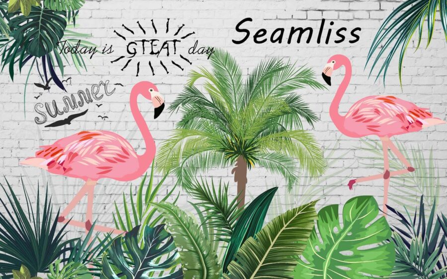 Wall with flamingos and palm trees