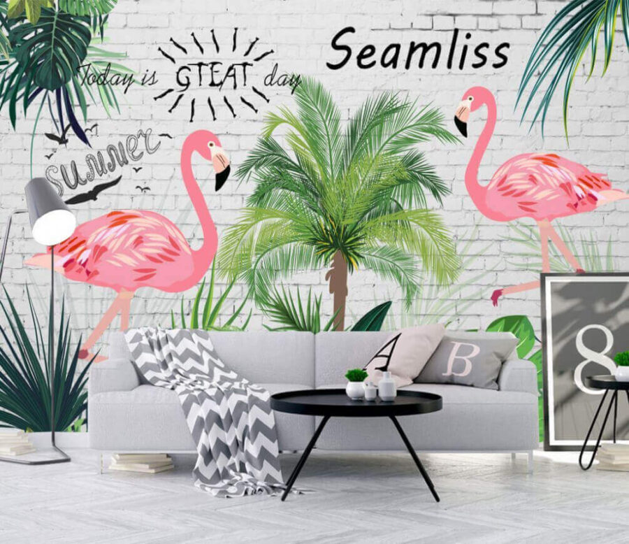 Wall with flamingos and palm trees