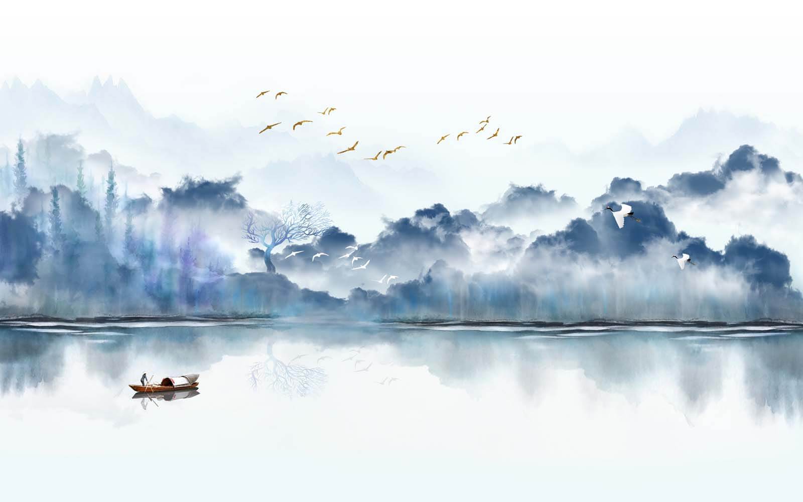 u07345p - Painting of a boat in the water with birds flying in the sky - tegory