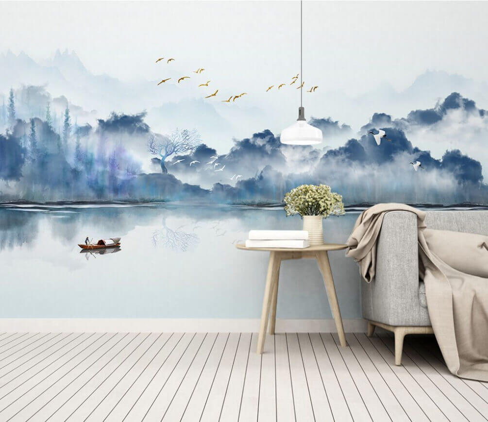 u07345pig1m - Painting of a boat in the water with birds flying in the sky - tegory
