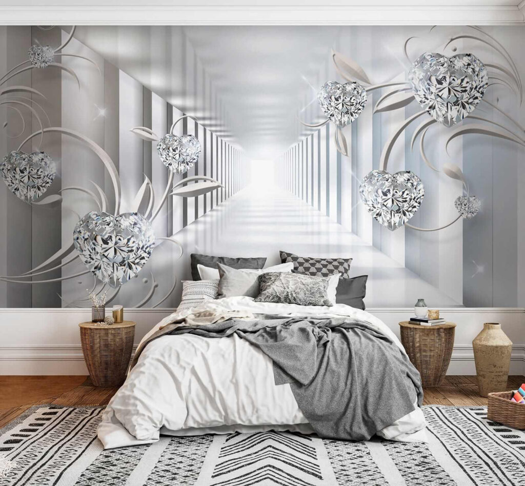 White hallway with diamonds and flowers