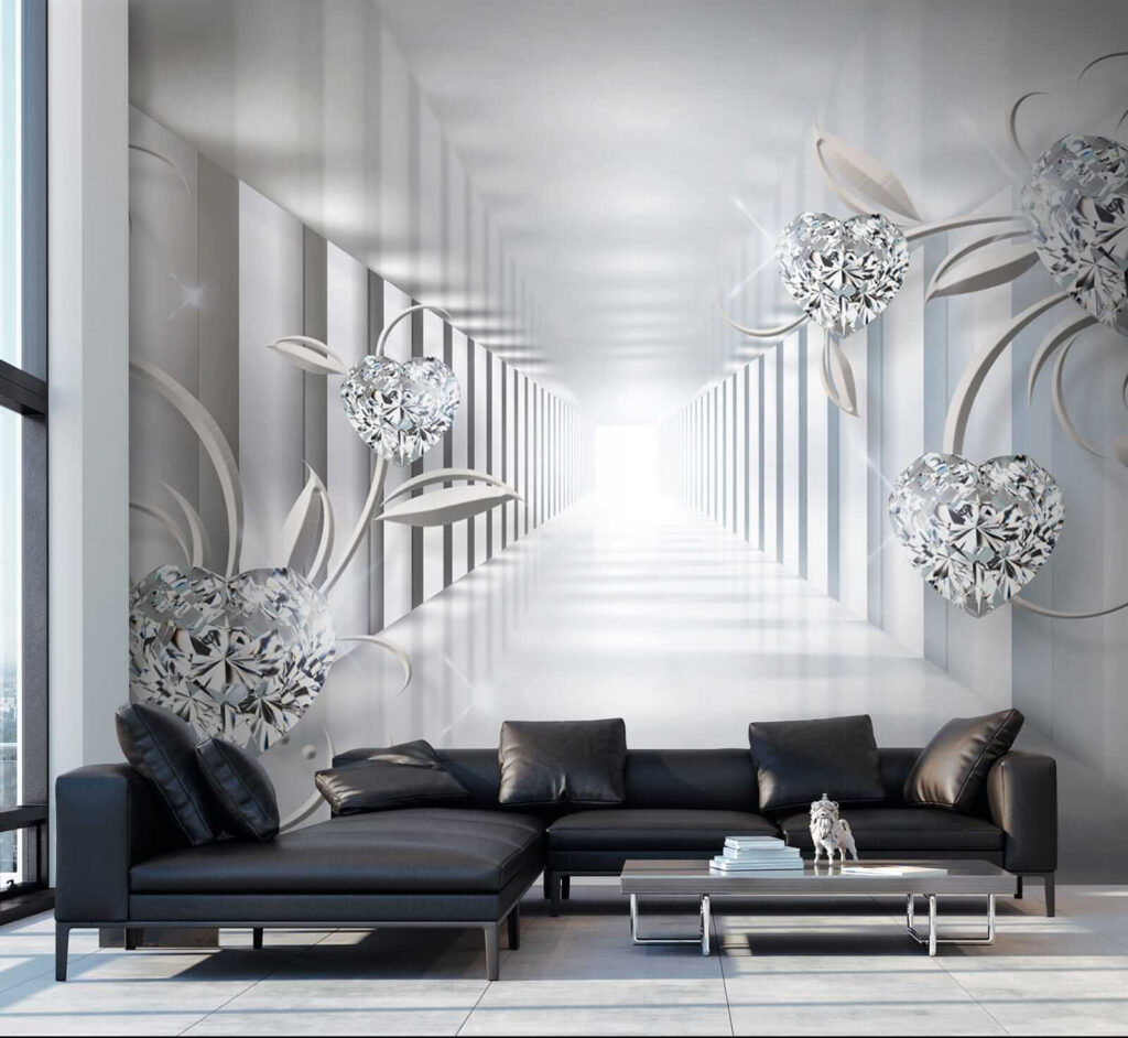 White hallway with diamonds and flowers