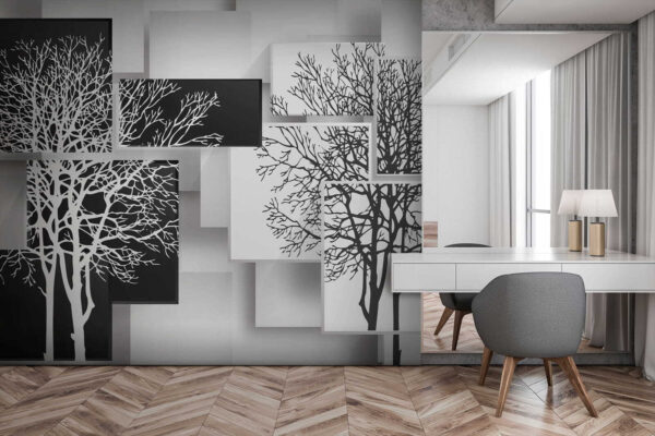 Group of black and white squares with trees on them Group of black and white squares with trees on them