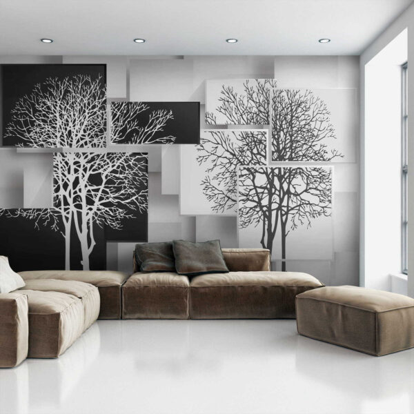 Group of black and white squares with trees on them Group of black and white squares with trees on them