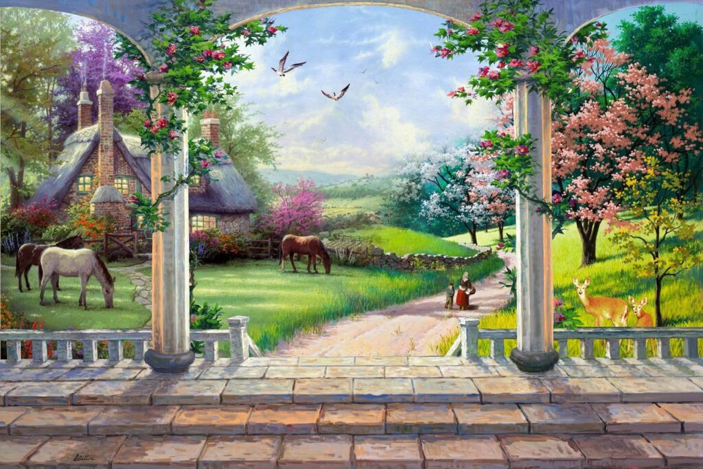 Painting of a landscape with a horse and a house Painting of a landscape with a horse and a house