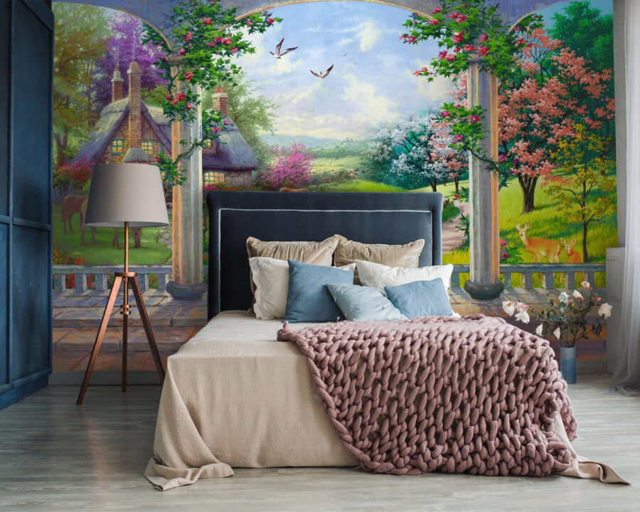 Painting of a landscape with a horse and a house Painting of a landscape with a horse and a house