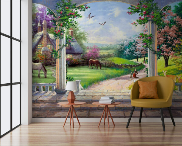 Painting of a landscape with a horse and a house Painting of a landscape with a horse and a house