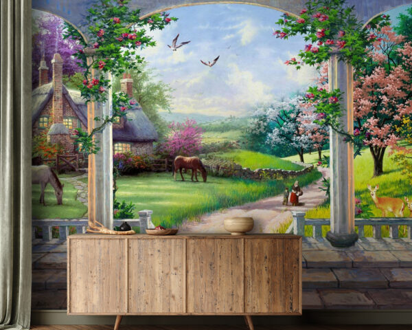 Painting of a landscape with a horse and a house Painting of a landscape with a horse and a house
