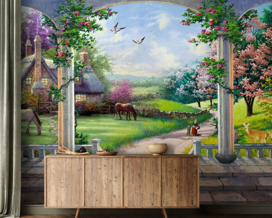 Painting of a landscape with a horse and a house Painting of a landscape with a horse and a house