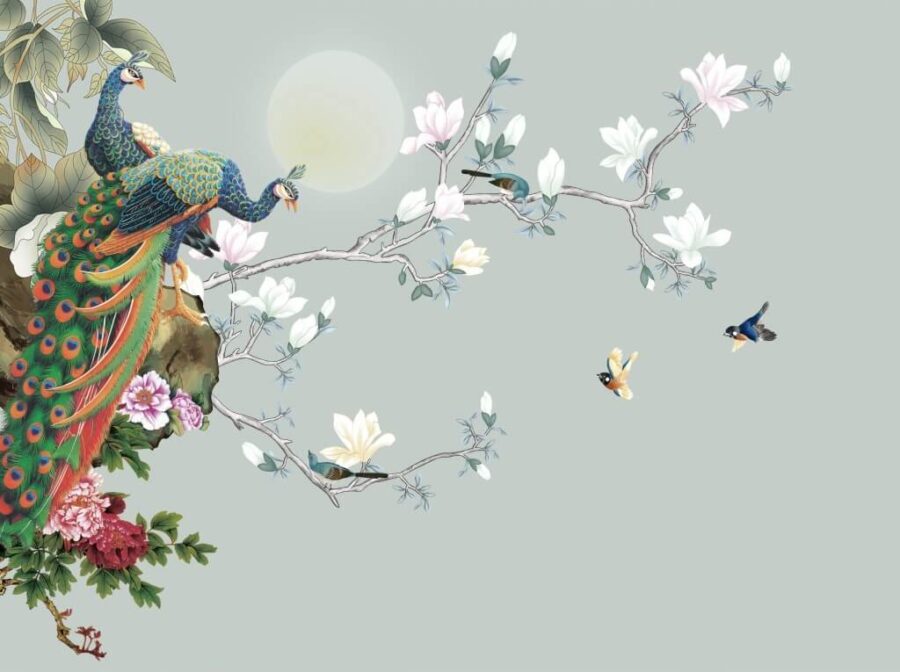 Bird on a branch with flowers and birds