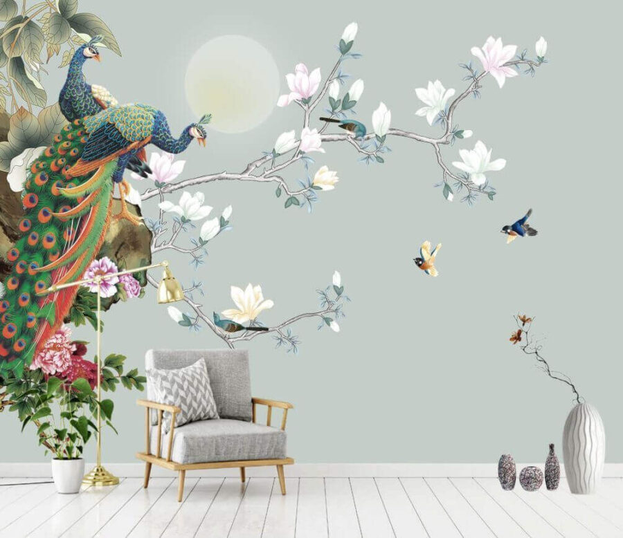 Bird on a branch with flowers and birds