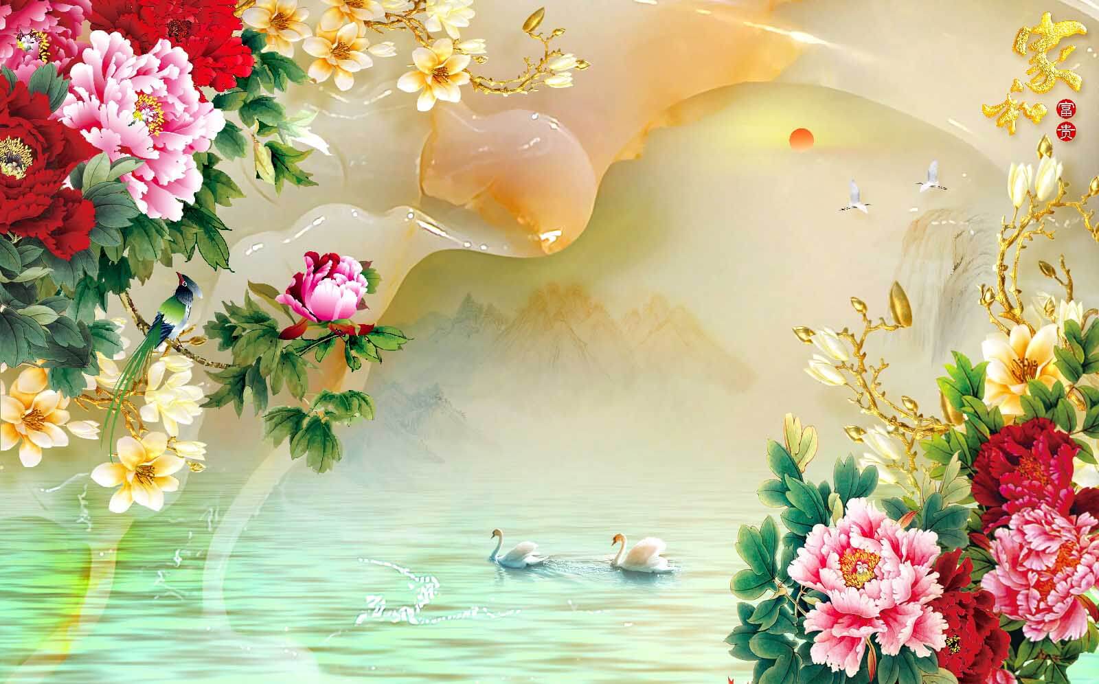 Painting of flowers and swans u11643p - Painting of flowers and swans - tegory
