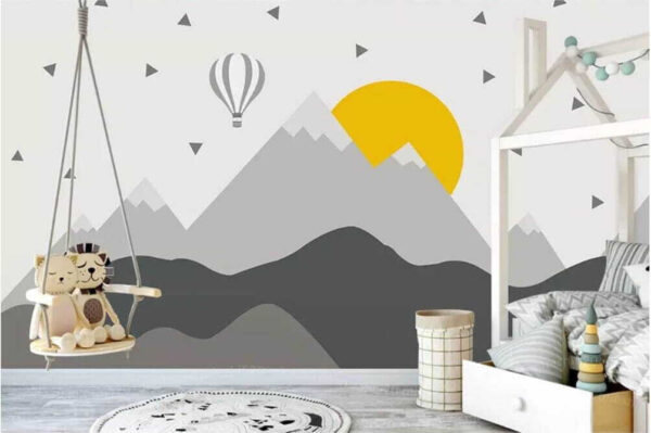 Mountain landscape with a hot air balloon and a sun Mountain landscape with a hot air balloon and a sun