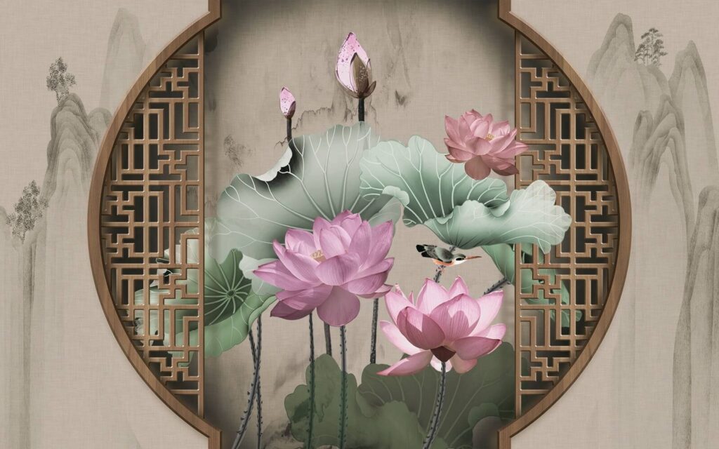 Wallpaper with pink flowers and leaves Wallpaper with pink flowers and leaves