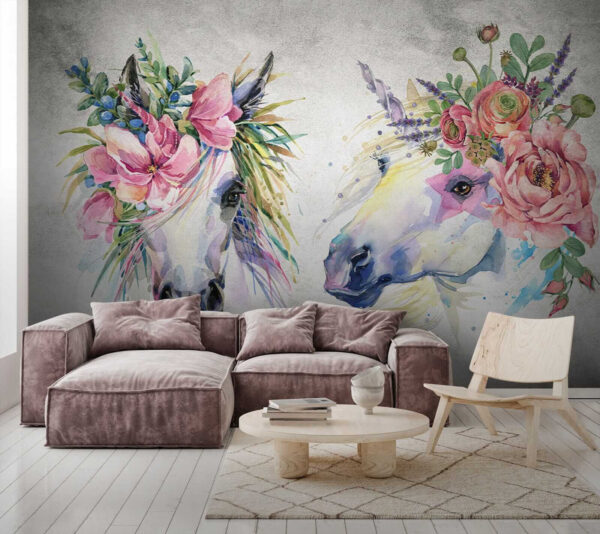 Couple of horses with flowers on their heads Couple of horses with flowers on their heads