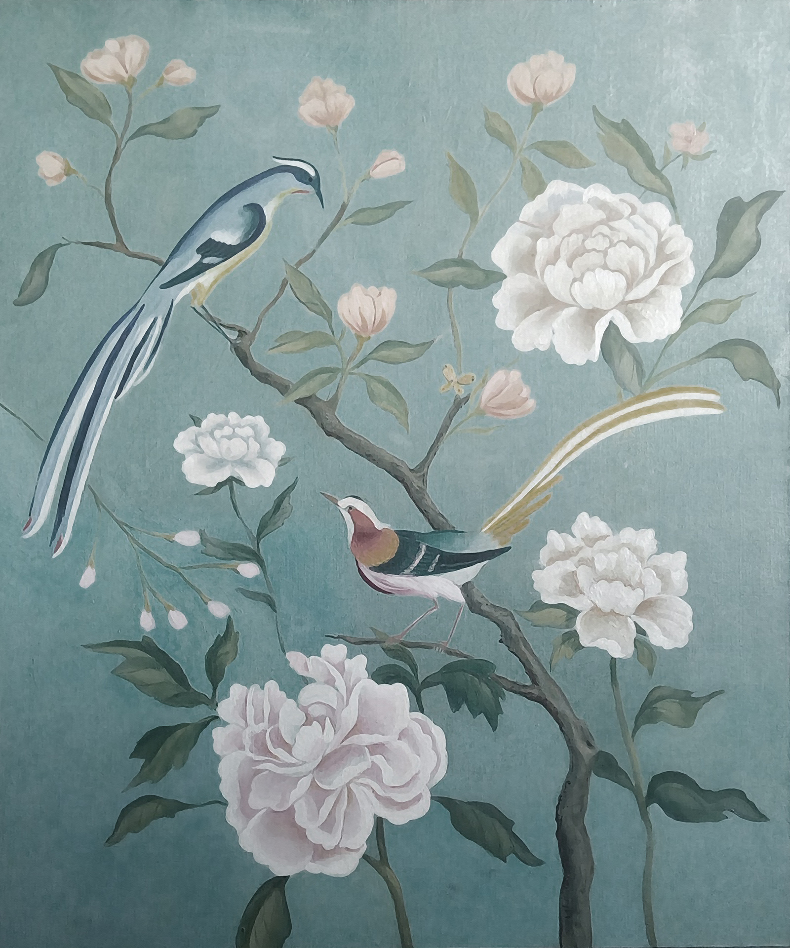 u14296p - Painting of birds on a branch with flowers - tegory