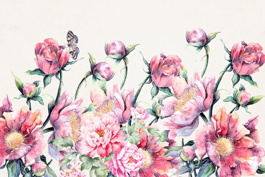 Watercolor painting of flowers and a butterfly