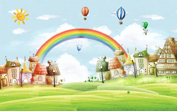 u14404p 600x375 - Cartoon landscape with a rainbow and houses - tegory