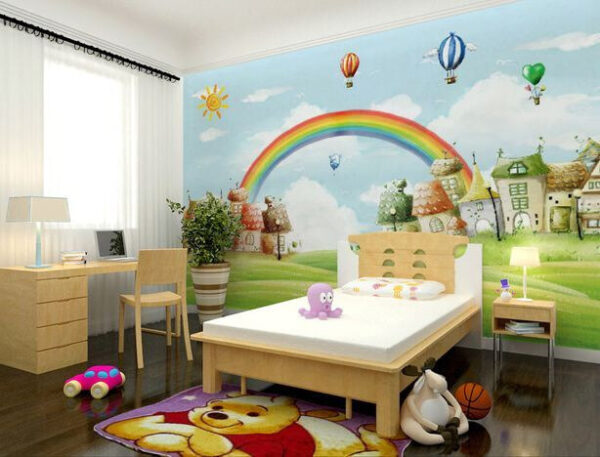 Wall murals Cartoon landscape with a rainbow and houses
