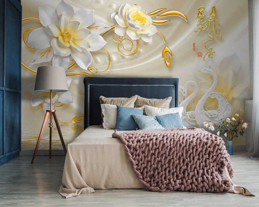 Wallpaper with swans and flowers