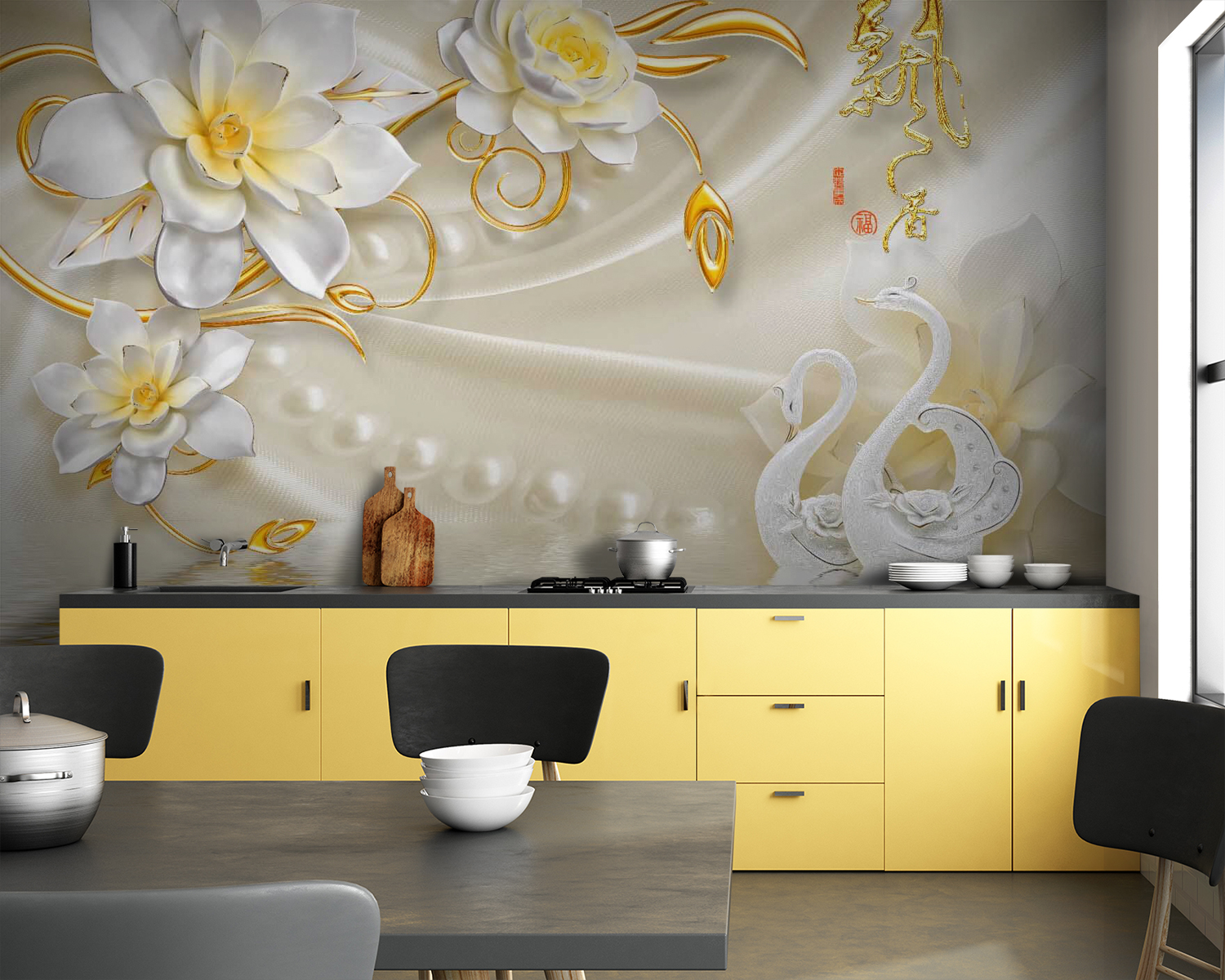 Wallpaper with swans and flowers u14476pik83m - Wallpaper with swans and flowers - tegory