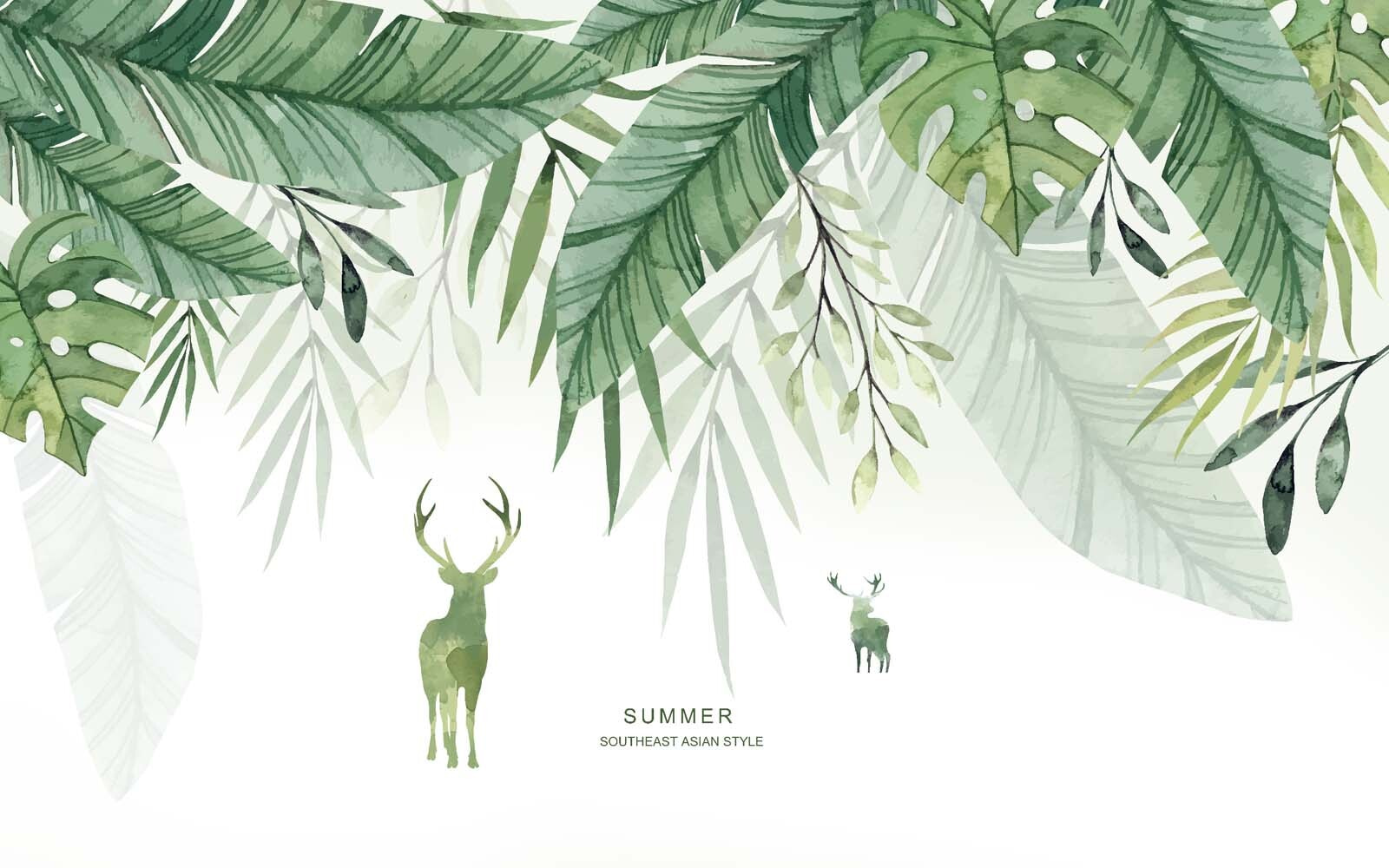 u14518p - Watercolor painting of a deer and leaves - tegory