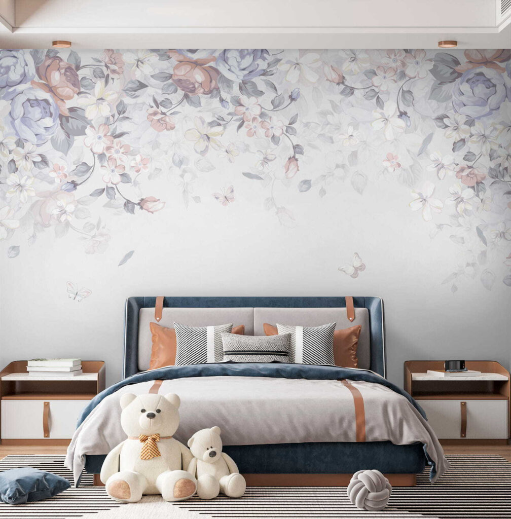 White background with flowers and butterflies White background with flowers and butterflies