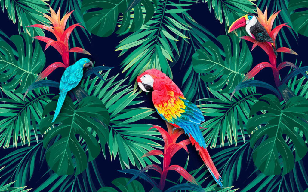 Colorful parrots and leaves Colorful parrots and leaves