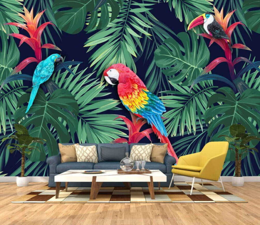Colorful parrots and leaves