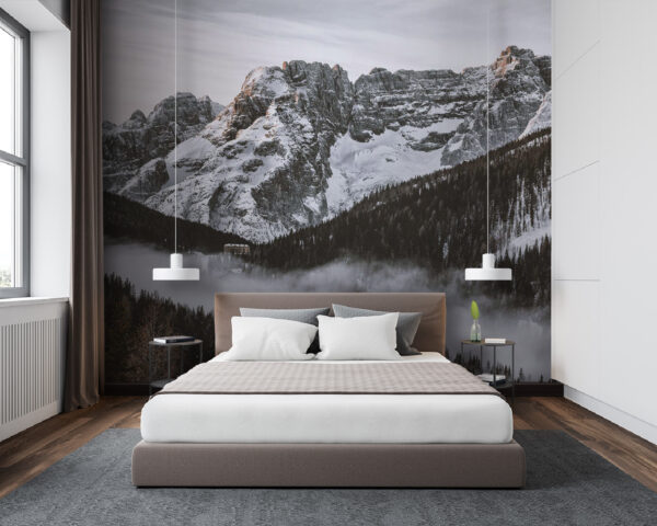 Snowy mountain range with trees and a building Wall murals Snowy mountain range with trees and a building