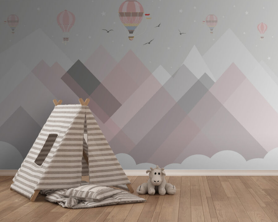 Hot air balloons over mountains