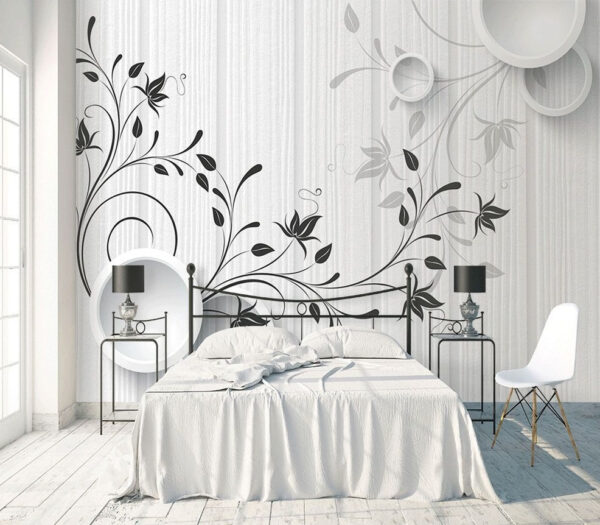 White wall with black and white flowers White wall with black and white flowers