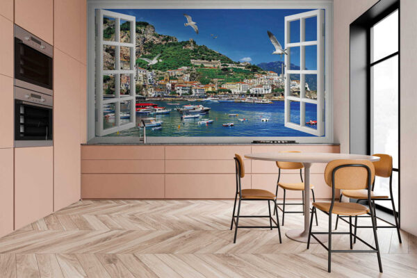 Window with a view of a city and boats Window with a view of a city and boats