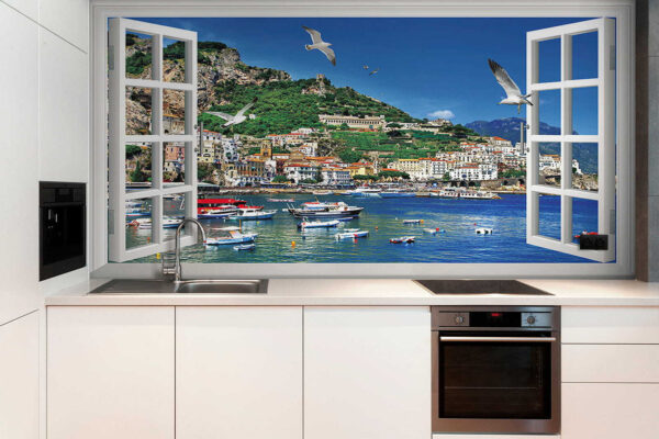Window with a view of a city and boats Window with a view of a city and boats