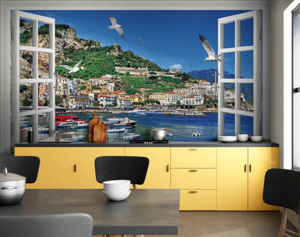 Window with a view of a city and boats Window with a view of a city and boats