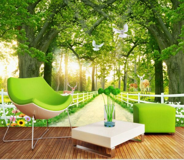 Wall murals Wall murals Path with trees and a white fence and deer (SKU: u16674)