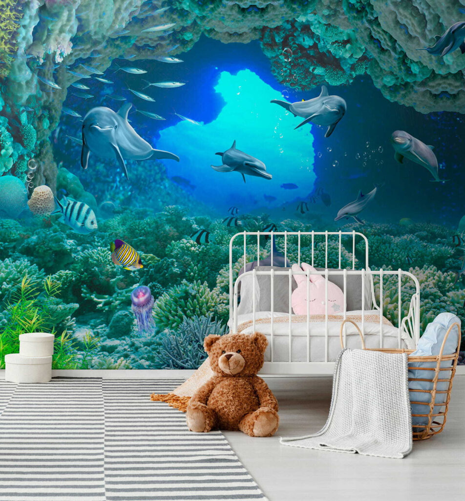 Group of dolphins and fish under water