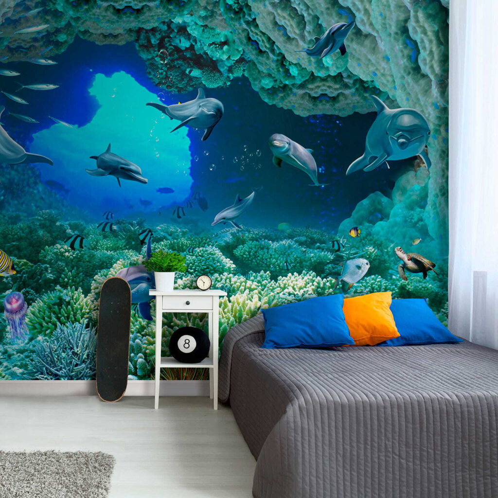 Group of dolphins and fish under water