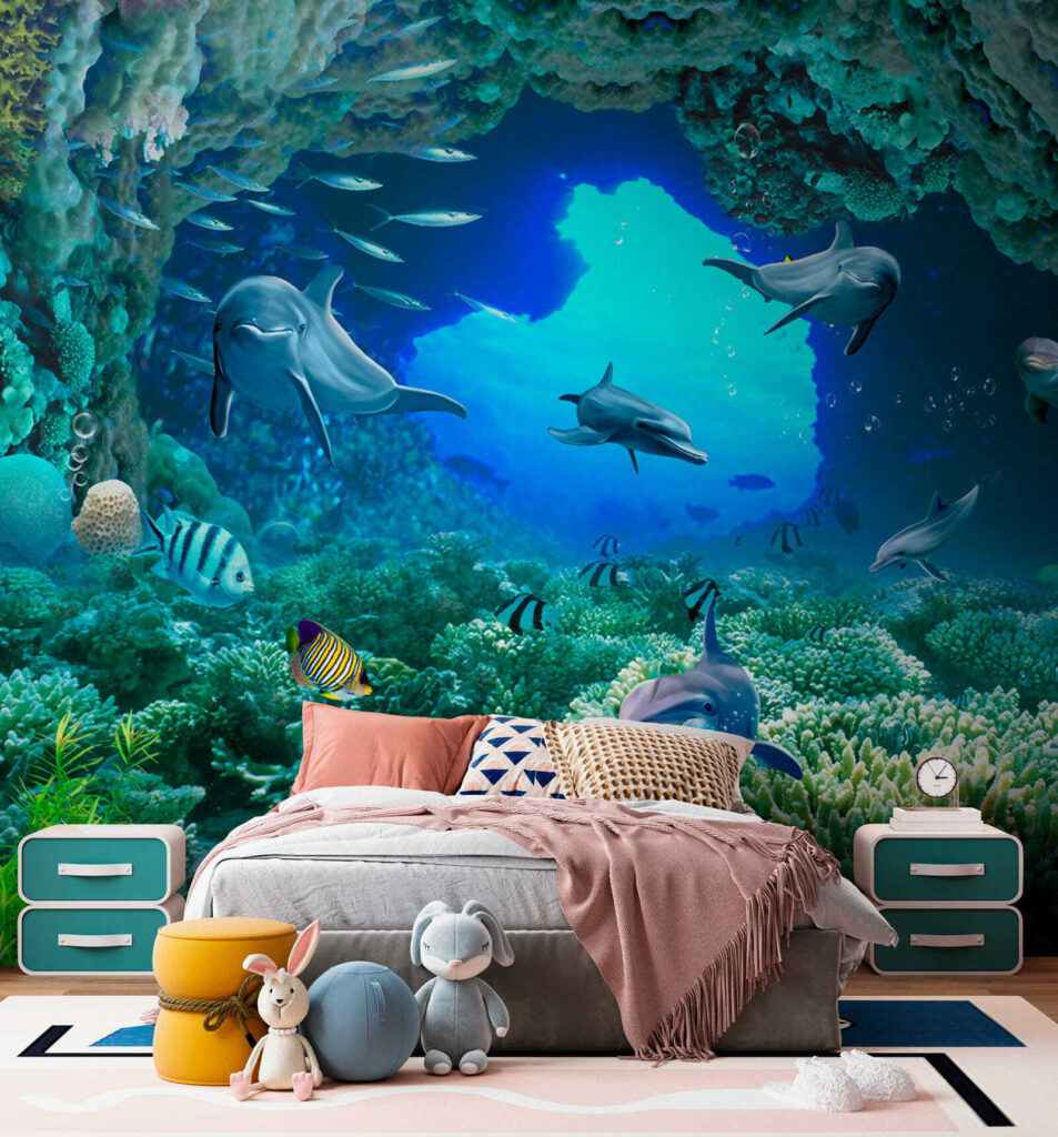 Group of dolphins and fish under water