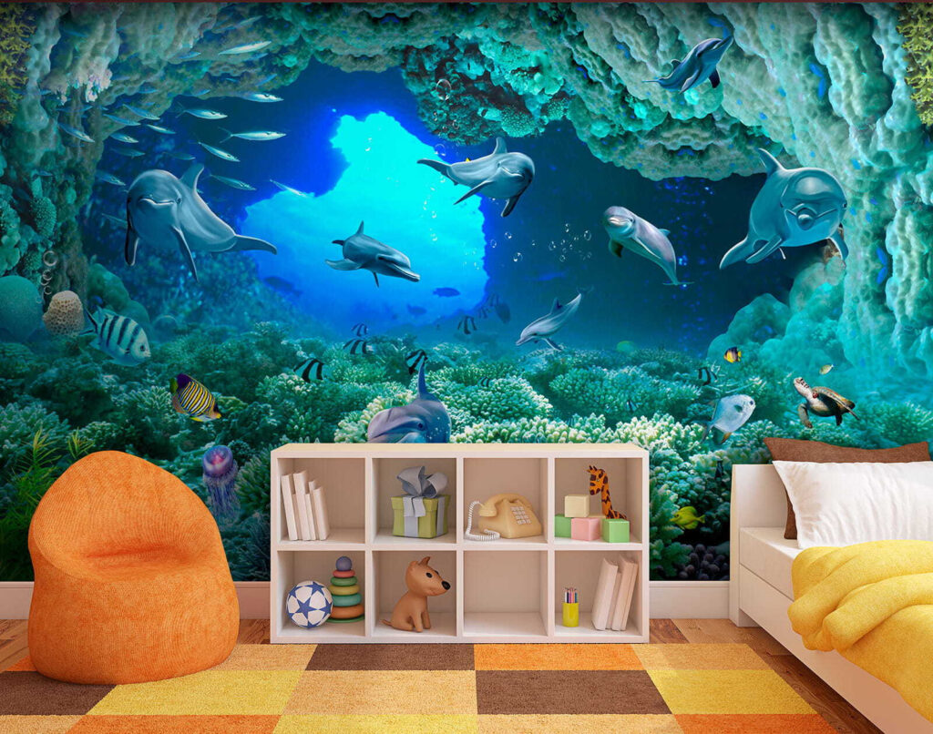 Group of dolphins and fish under water