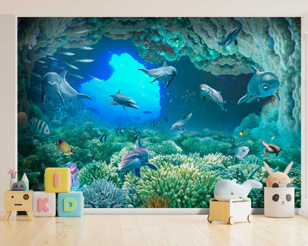 Group of dolphins and fish under water