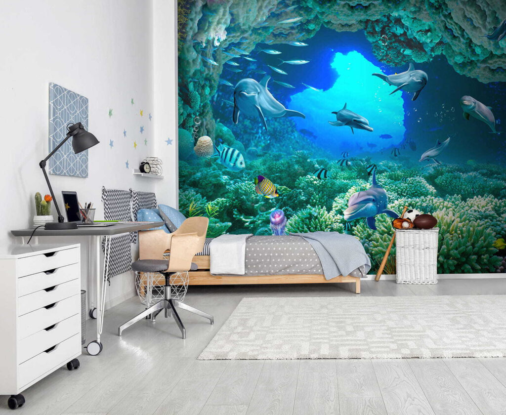 Group of dolphins and fish under water