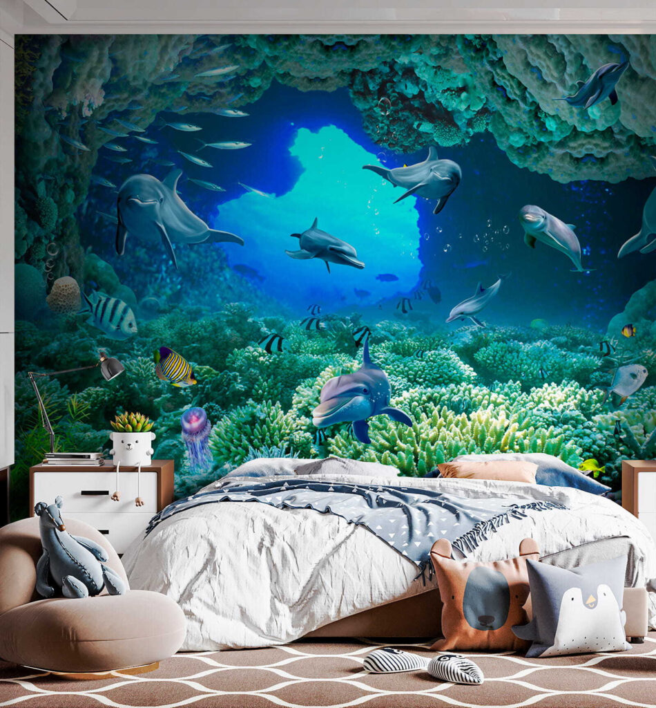 Group of dolphins and fish under water